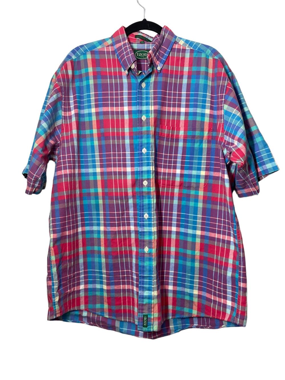 IZOD Mens Button up Shirt Plaid Pink Blue Cotton Short Sleeve Sz Medium